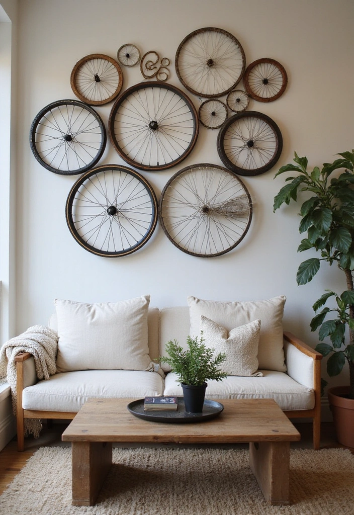 18 Creative Upcycle Furniture Ideas That'll Make Your Home Shine (You'll Love #11!) - 18. Upcycled Bike Wheel Wall Art