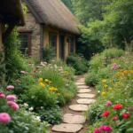 a stone path leading to a house