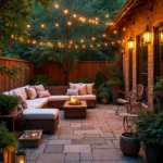 a patio with a fire pit and a brick building