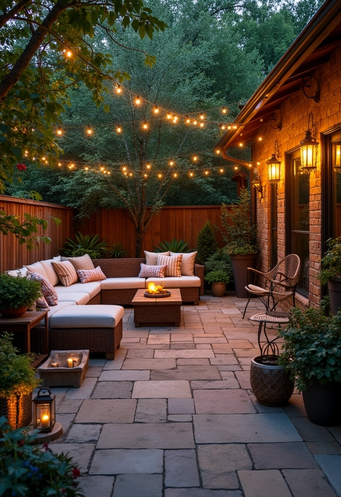 a patio with a fire pit and a brick building