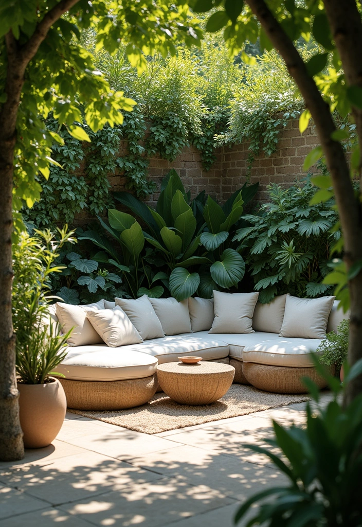 A cozy outdoor lounge area featuring a curved sectional sofa with soft beige cushions, surrounded by lush greenery and potted plants, creating a serene and inviting atmosphere.