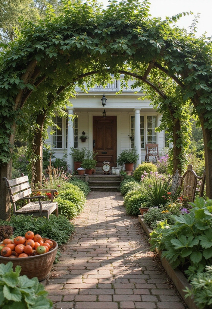 A cozy garden pathway lined with lush greenery and potted plants, leading to a welcoming front door, under a leafy arbor.